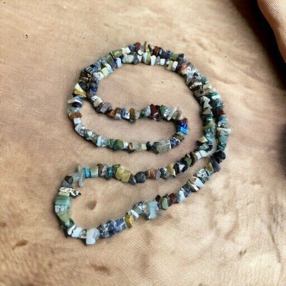 Polished Raw Stones, Gemstones And Glass Beaded Necklace 36”